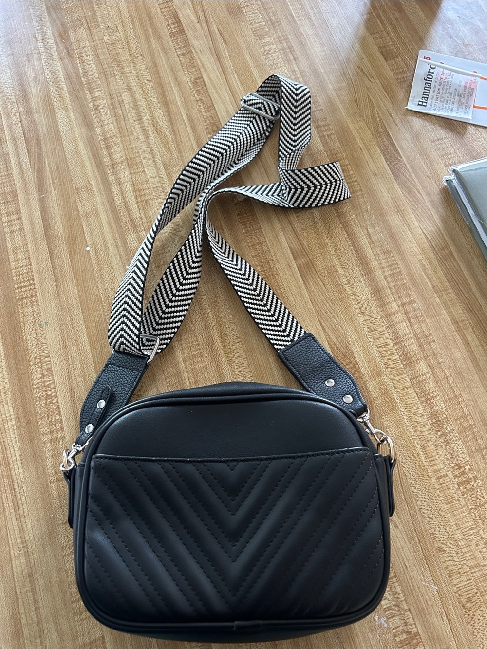 Black Quilted Crossbody Bag with Chevron Strap